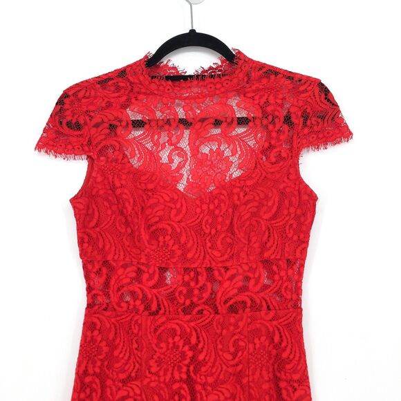 Saylor Anthropologie Women XS Jane Dress Rouge Red Lace Illusion Neck Bodycon - Picture 4 of 6